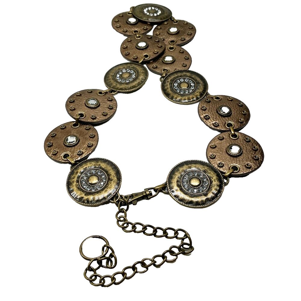 Vtg Boho Wide Womens Belt Concho Brown Bronze Navajo Size M/L Rhinestone Rivet